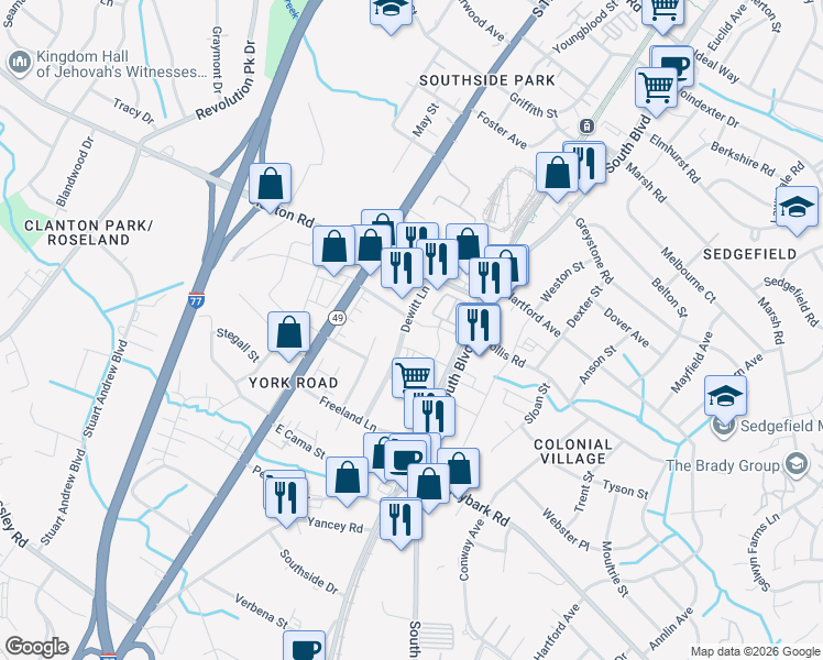 map of restaurants, bars, coffee shops, grocery stores, and more near 3551 Dewitt Lane in Charlotte
