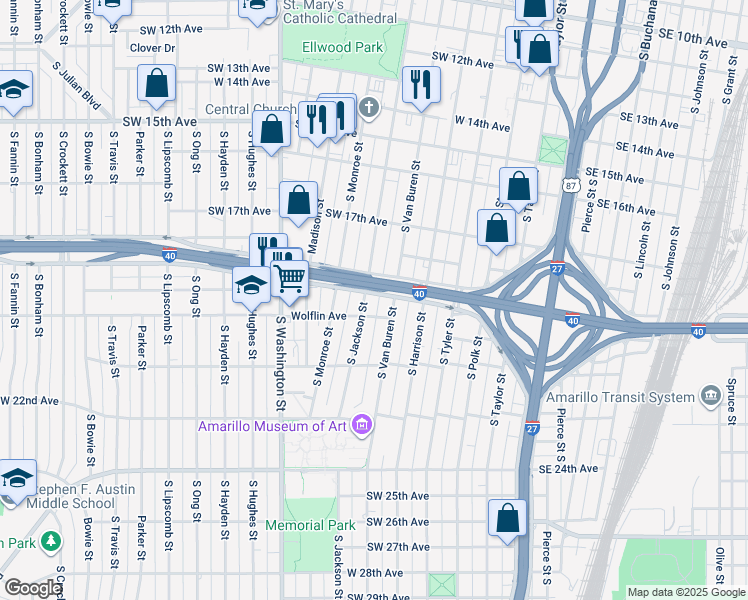map of restaurants, bars, coffee shops, grocery stores, and more near 1912 South Van Buren Street in Amarillo