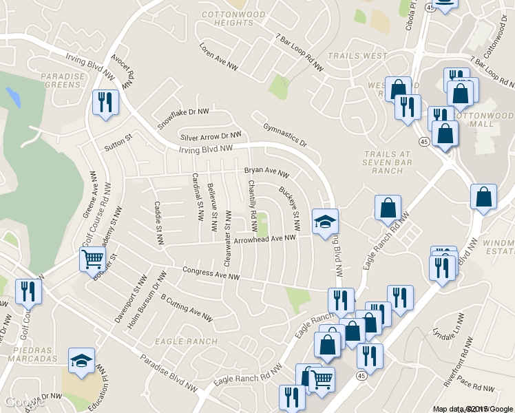 map of restaurants, bars, coffee shops, grocery stores, and more near 9916 Wild Turkey Drive in Albuquerque