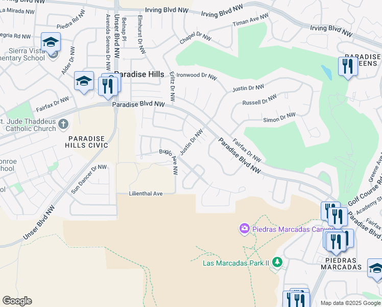 map of restaurants, bars, coffee shops, grocery stores, and more near 5331 Norte Vista Road Northwest in Albuquerque