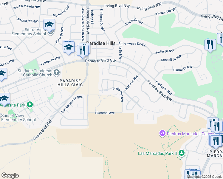 map of restaurants, bars, coffee shops, grocery stores, and more near 99999 Buglo Avenue Northwest in Albuquerque