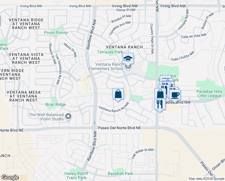 map of restaurants, bars, coffee shops, grocery stores, and more near 7019 Hartford Place Northwest in Albuquerque