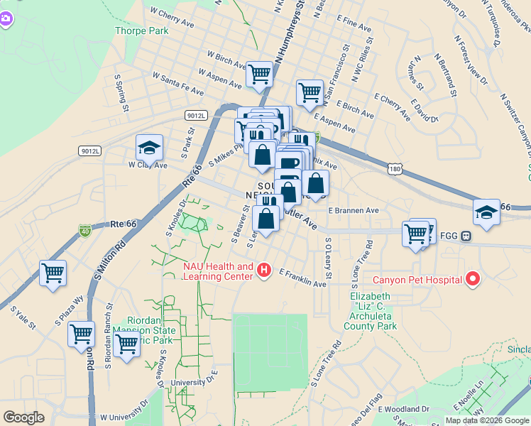 map of restaurants, bars, coffee shops, grocery stores, and more near 324 South Leroux Street in Flagstaff
