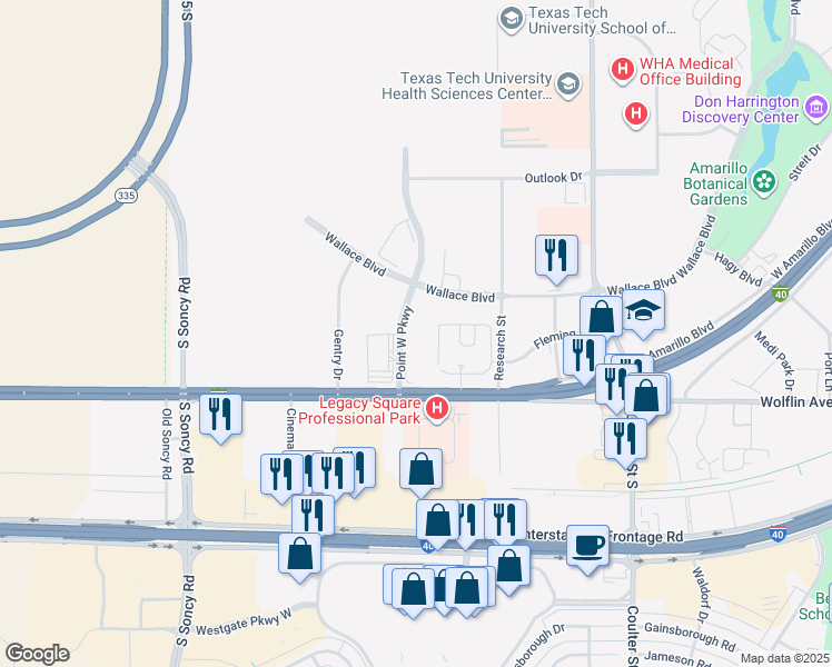 map of restaurants, bars, coffee shops, grocery stores, and more near 1805 Point West Parkway in Amarillo