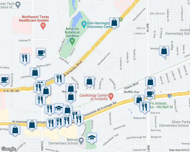 map of restaurants, bars, coffee shops, grocery stores, and more near 1910 Howard Drive in Amarillo
