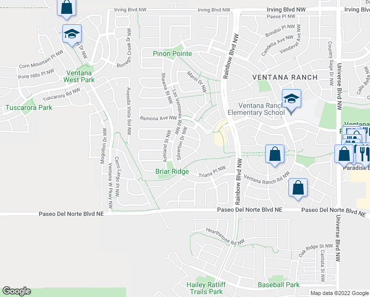 map of restaurants, bars, coffee shops, grocery stores, and more near 7504 Winslow Place Northwest in Albuquerque