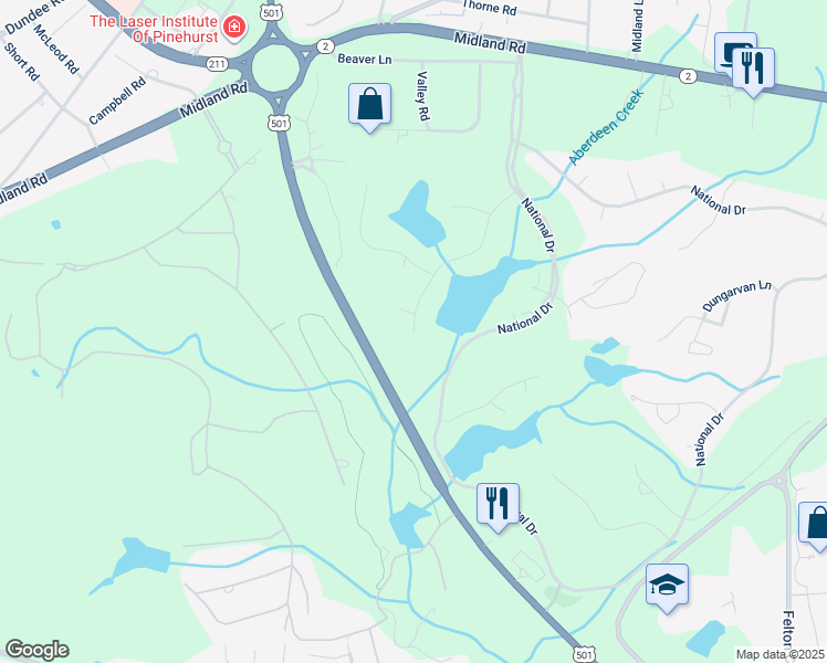 map of restaurants, bars, coffee shops, grocery stores, and more near 155 Woodenbridge Lane in Pinehurst