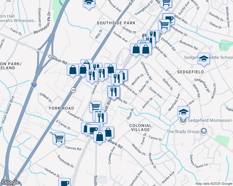 map of restaurants, bars, coffee shops, grocery stores, and more near 111 Hollis Road in Charlotte