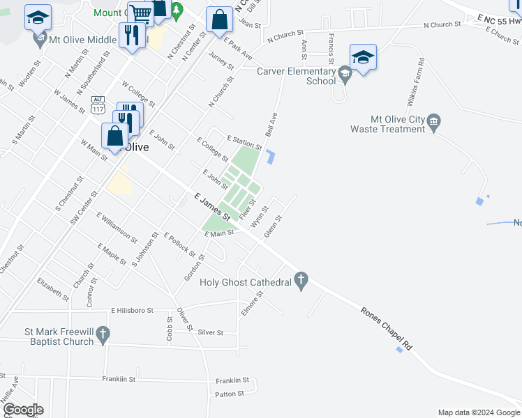 map of restaurants, bars, coffee shops, grocery stores, and more near 219 Wynn Street in Mount Olive