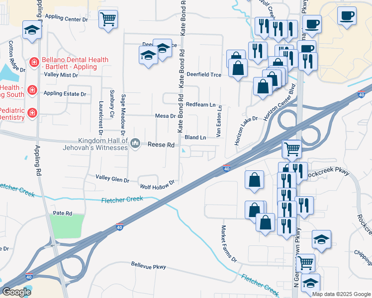 map of restaurants, bars, coffee shops, grocery stores, and more near 7819 Crescent Ridge Cove in Memphis