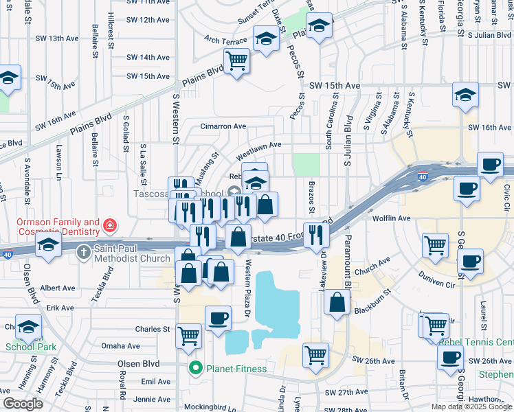 map of restaurants, bars, coffee shops, grocery stores, and more near 3921 Westlawn Avenue in Amarillo