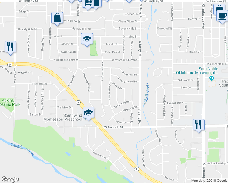 map of restaurants, bars, coffee shops, grocery stores, and more near 2524 Boxwood Avenue in Norman