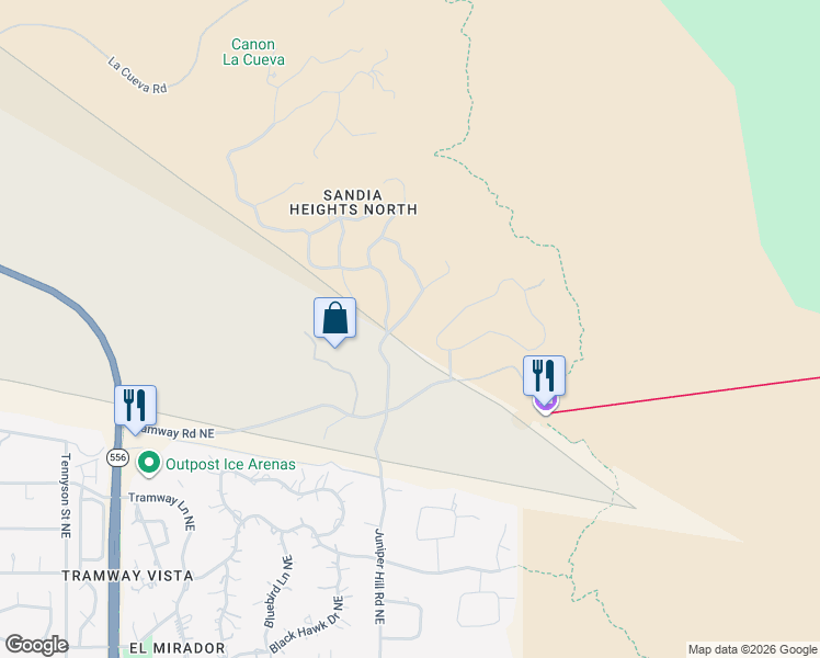 map of restaurants, bars, coffee shops, grocery stores, and more near 47 Rock Ridge Drive Northeast in Albuquerque
