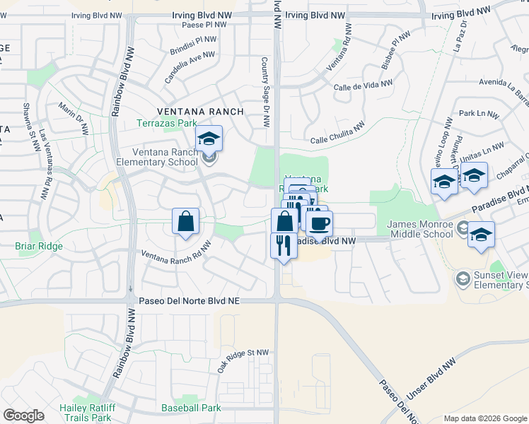 map of restaurants, bars, coffee shops, grocery stores, and more near 6600 Hood Road Northwest in Albuquerque