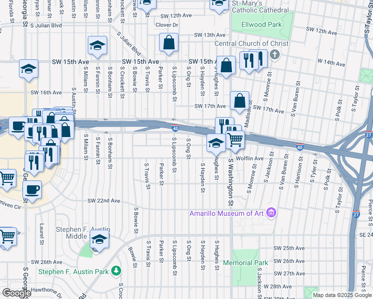 map of restaurants, bars, coffee shops, grocery stores, and more near 1306 Wolflin Avenue in Amarillo