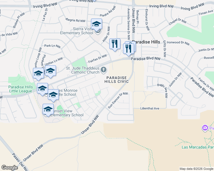 map of restaurants, bars, coffee shops, grocery stores, and more near 9540 Granite Ridge Drive Northwest in Albuquerque