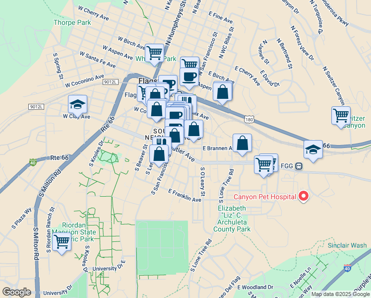 map of restaurants, bars, coffee shops, grocery stores, and more near 203 East Brannen Avenue in Flagstaff