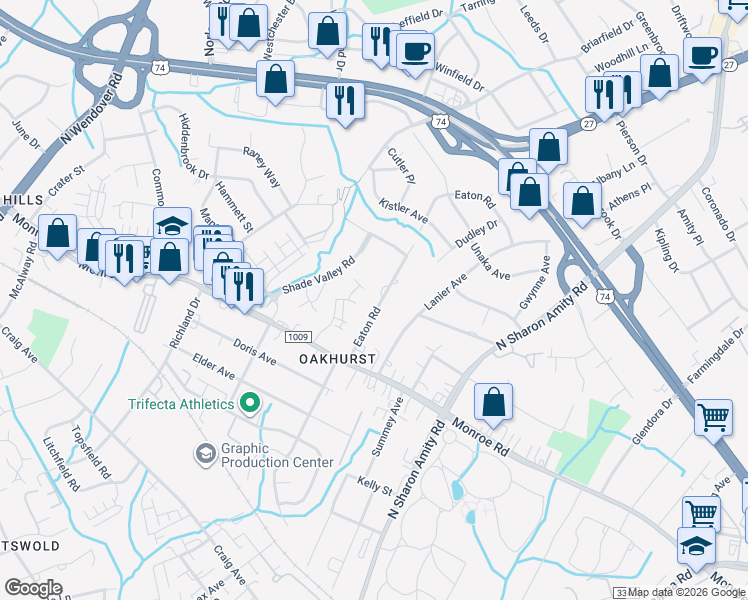 map of restaurants, bars, coffee shops, grocery stores, and more near 2058 Eaton Road in Charlotte