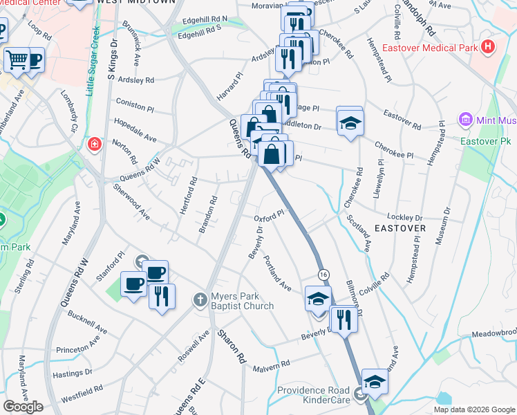 map of restaurants, bars, coffee shops, grocery stores, and more near in Charlotte