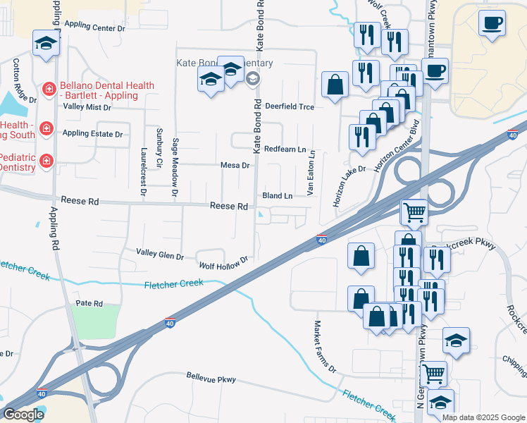 map of restaurants, bars, coffee shops, grocery stores, and more near 7819 Crescent Ridge Cove in Memphis