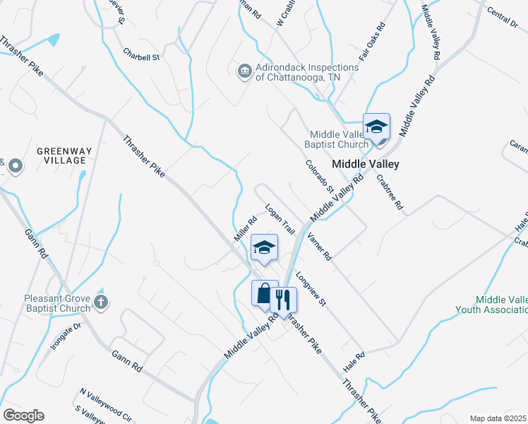 map of restaurants, bars, coffee shops, grocery stores, and more near 7922 Miller Road in Middle Valley