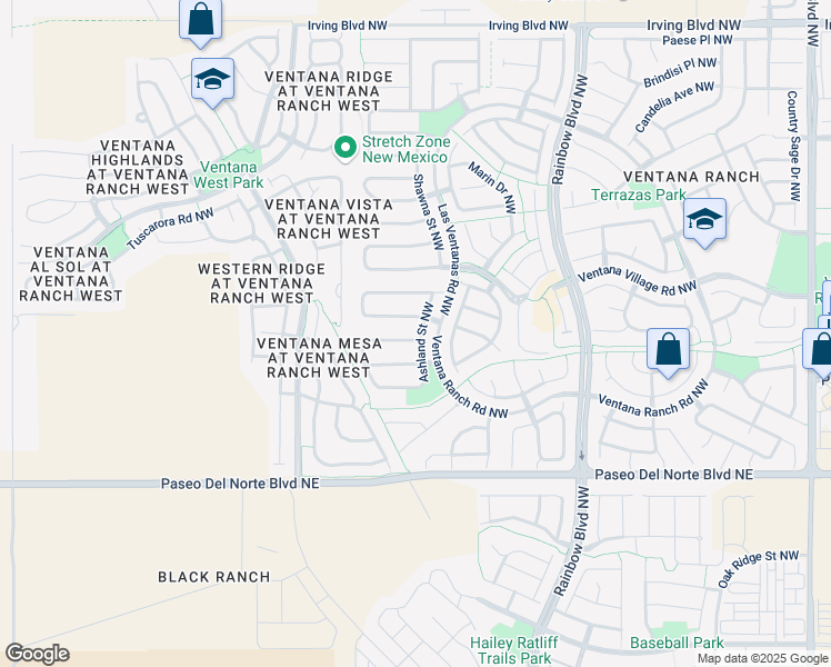 map of restaurants, bars, coffee shops, grocery stores, and more near 7601 Stadler Avenue Northwest in Albuquerque