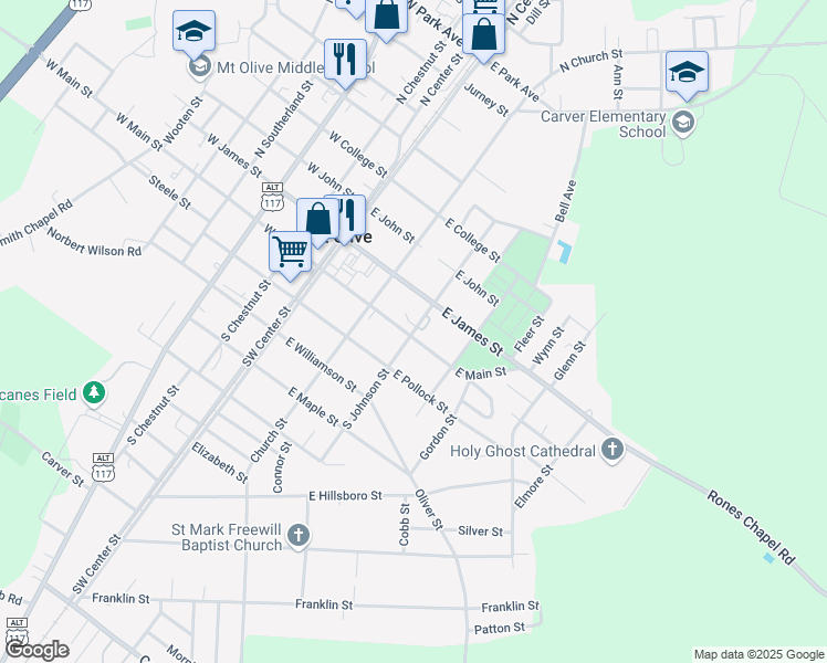 map of restaurants, bars, coffee shops, grocery stores, and more near Johnson Street in Mount Olive