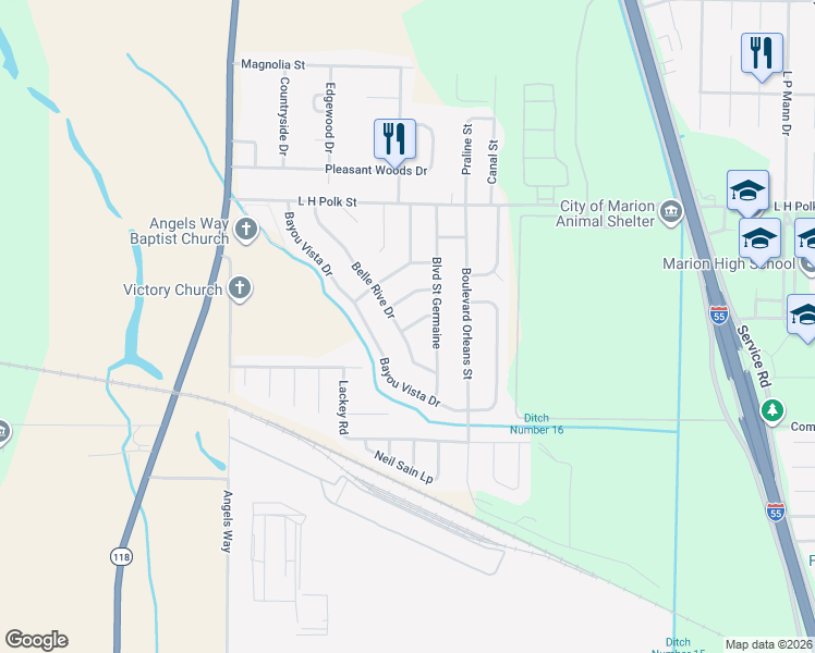 map of restaurants, bars, coffee shops, grocery stores, and more near 901 Rue Royale in Marion