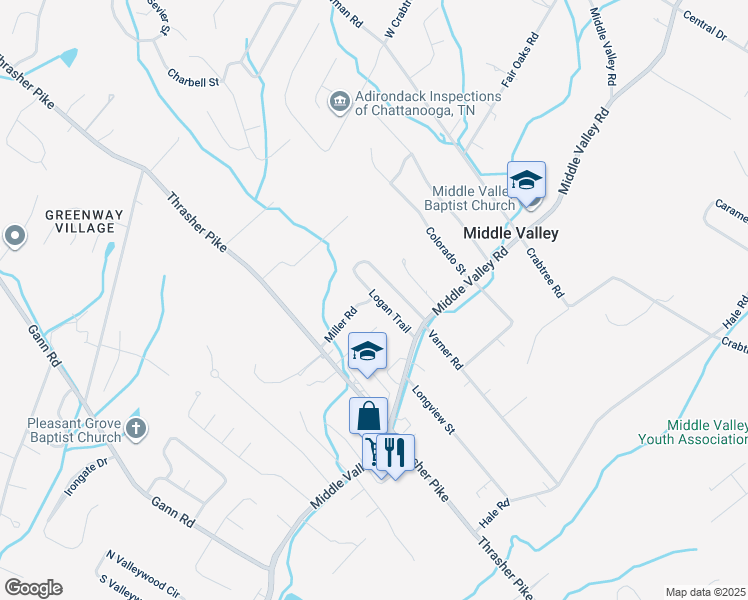 map of restaurants, bars, coffee shops, grocery stores, and more near 7922 Miller Road in Middle Valley