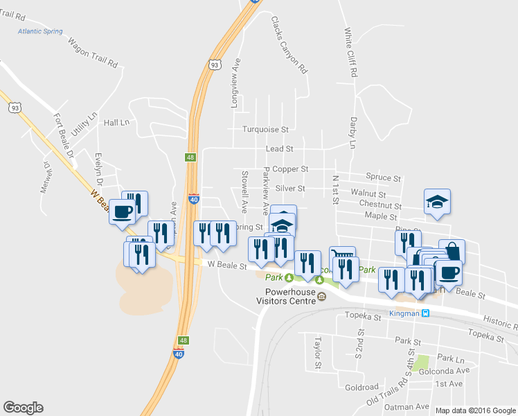 map of restaurants, bars, coffee shops, grocery stores, and more near 510 Gold St in Kingman