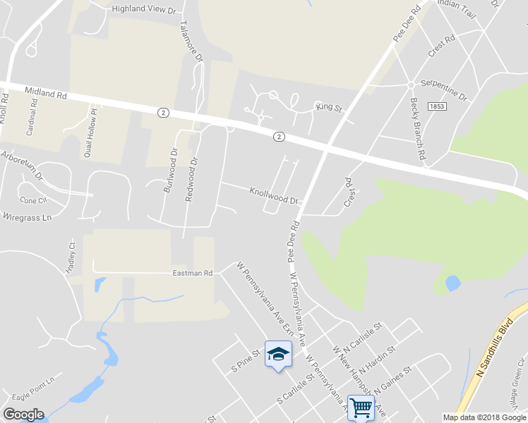 map of restaurants, bars, coffee shops, grocery stores, and more near 357 Driftwood Circle in Southern Pines
