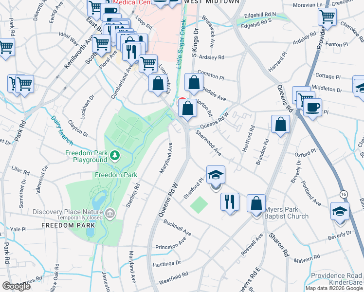 map of restaurants, bars, coffee shops, grocery stores, and more near 1429 Maryland Avenue in Charlotte