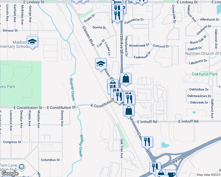 map of restaurants, bars, coffee shops, grocery stores, and more near 2536 Classen Boulevard in Norman