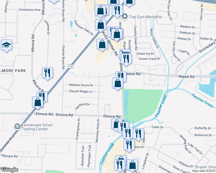 map of restaurants, bars, coffee shops, grocery stores, and more near 2439 Whitten Road in Memphis