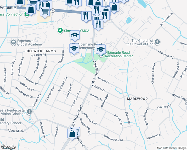 map of restaurants, bars, coffee shops, grocery stores, and more near 9400 East W.T. Harris Boulevard in Charlotte