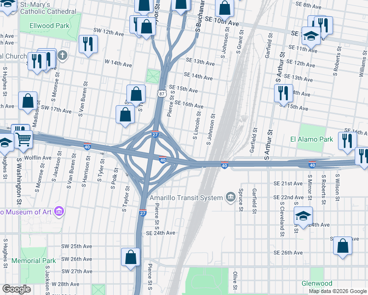 map of restaurants, bars, coffee shops, grocery stores, and more near 1899 South Lincoln Street in Amarillo