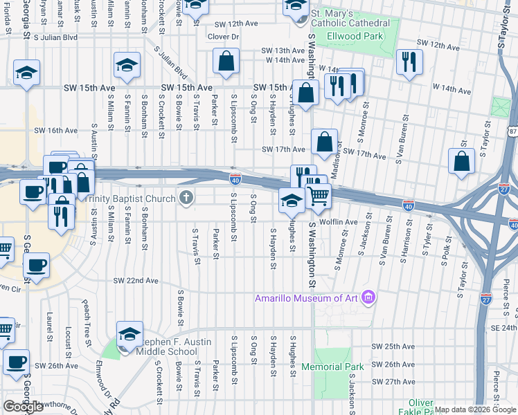 map of restaurants, bars, coffee shops, grocery stores, and more near 1204 Wolflin Avenue in Amarillo