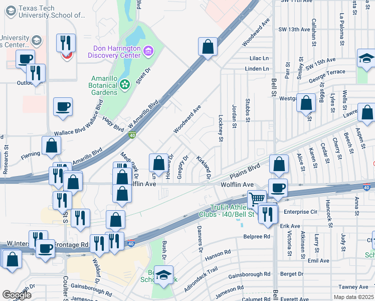 map of restaurants, bars, coffee shops, grocery stores, and more near 1905 Gregory Drive in Amarillo