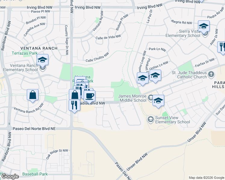 map of restaurants, bars, coffee shops, grocery stores, and more near 6305 Michelangelo Lane Northwest in Albuquerque