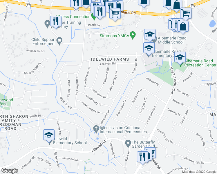 map of restaurants, bars, coffee shops, grocery stores, and more near 6034 Red Carriage Lane in Charlotte