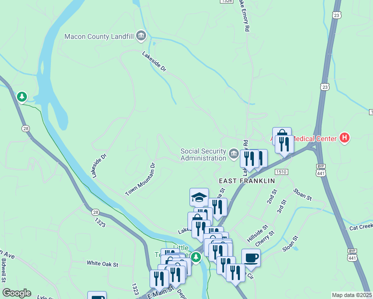 map of restaurants, bars, coffee shops, grocery stores, and more near 325 Clyde Street in Franklin