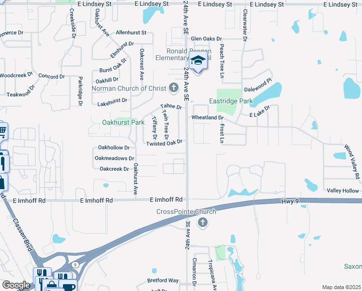 map of restaurants, bars, coffee shops, grocery stores, and more near 2048 24th Avenue Southeast in Norman