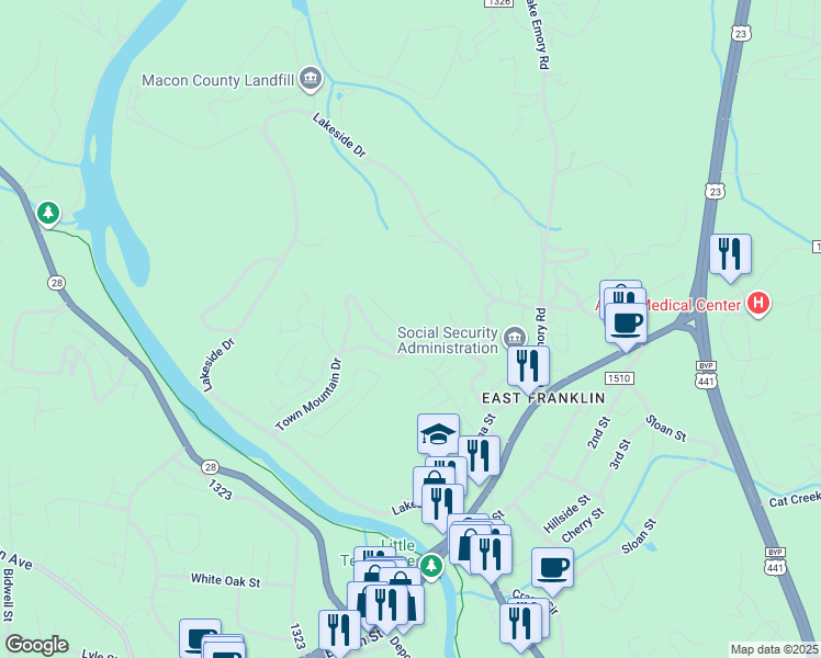 map of restaurants, bars, coffee shops, grocery stores, and more near 325 Clyde Street in Franklin