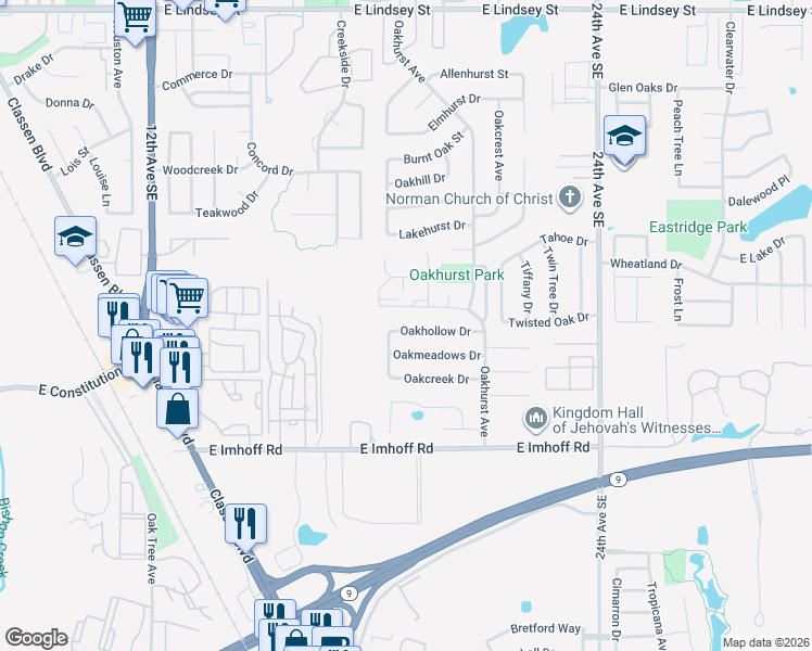 map of restaurants, bars, coffee shops, grocery stores, and more near 1819 Oakhollow Drive in Norman