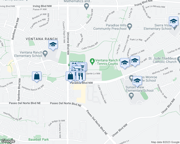 map of restaurants, bars, coffee shops, grocery stores, and more near 6419 Dante Lane Northwest in Albuquerque