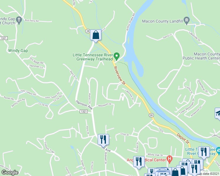 map of restaurants, bars, coffee shops, grocery stores, and more near 154 Woodland Hills Drive in Franklin