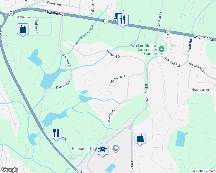 map of restaurants, bars, coffee shops, grocery stores, and more near 78 Dungarvan Lane in Pinehurst