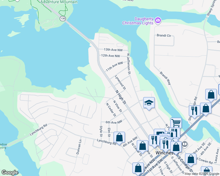 map of restaurants, bars, coffee shops, grocery stores, and more near 802 North Vine Street in Winchester