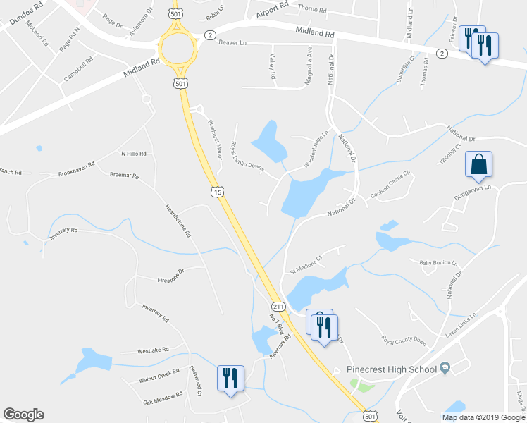 map of restaurants, bars, coffee shops, grocery stores, and more near 110 Woodenbridge Lane in Pinehurst
