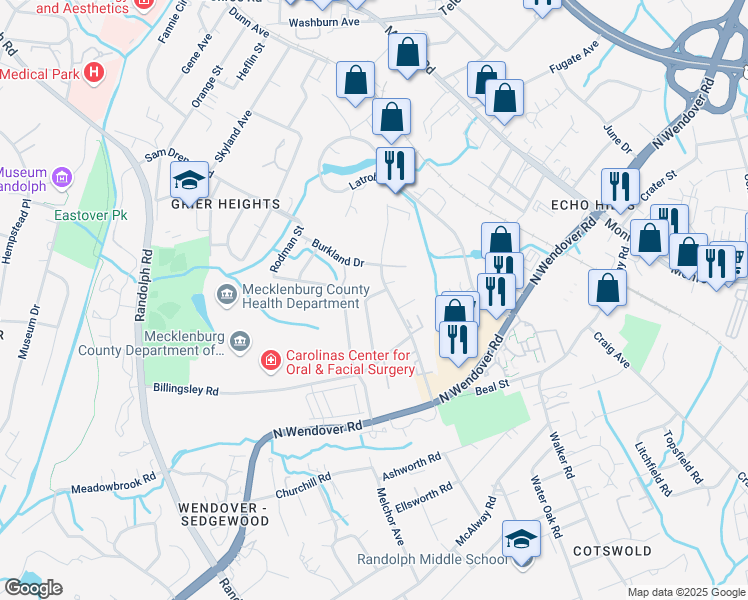 map of restaurants, bars, coffee shops, grocery stores, and more near 3535 Jonquil Street in Charlotte